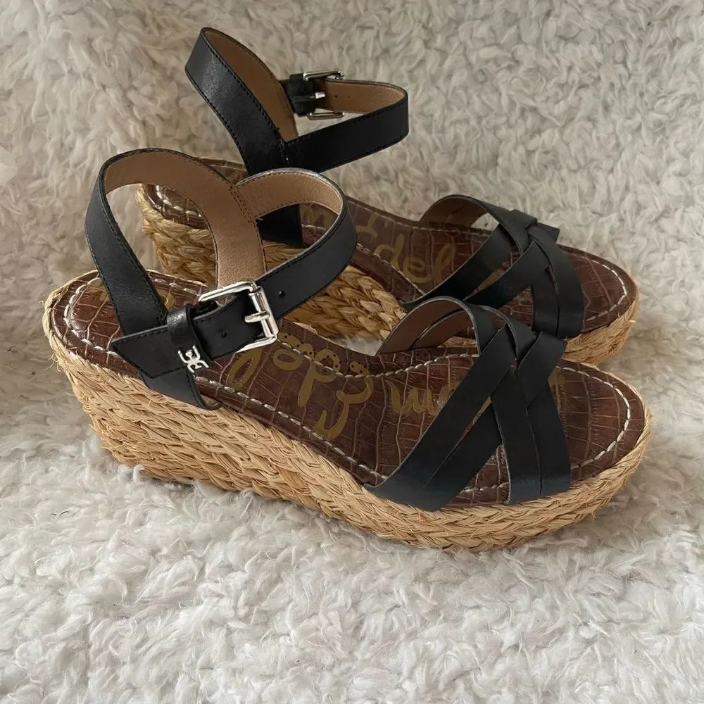 Sam Edelman Darline leather Black Espadrilles platform wedge strap sandals SZ9M